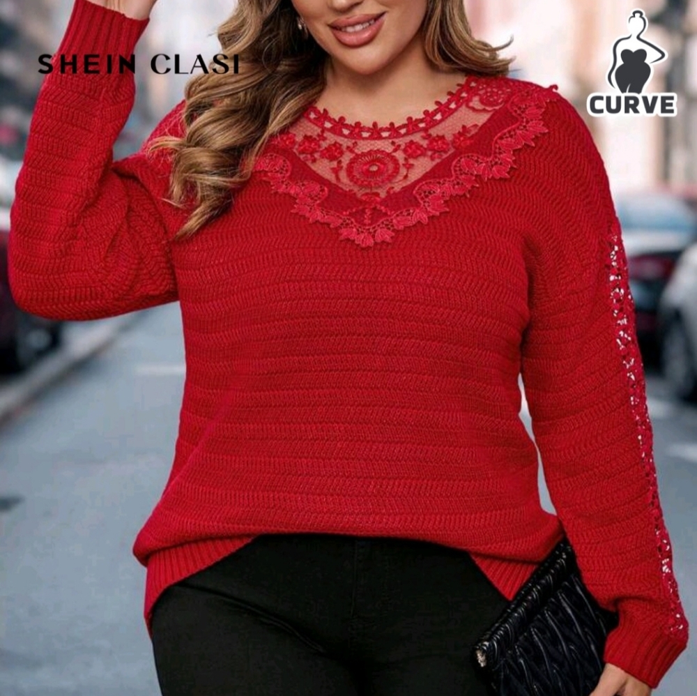 Red Lace V-Neck Sweater